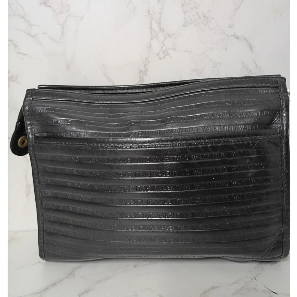 MARIO VALENTINO Vintage Black Embossed Leather Clutch Bag - EUC
